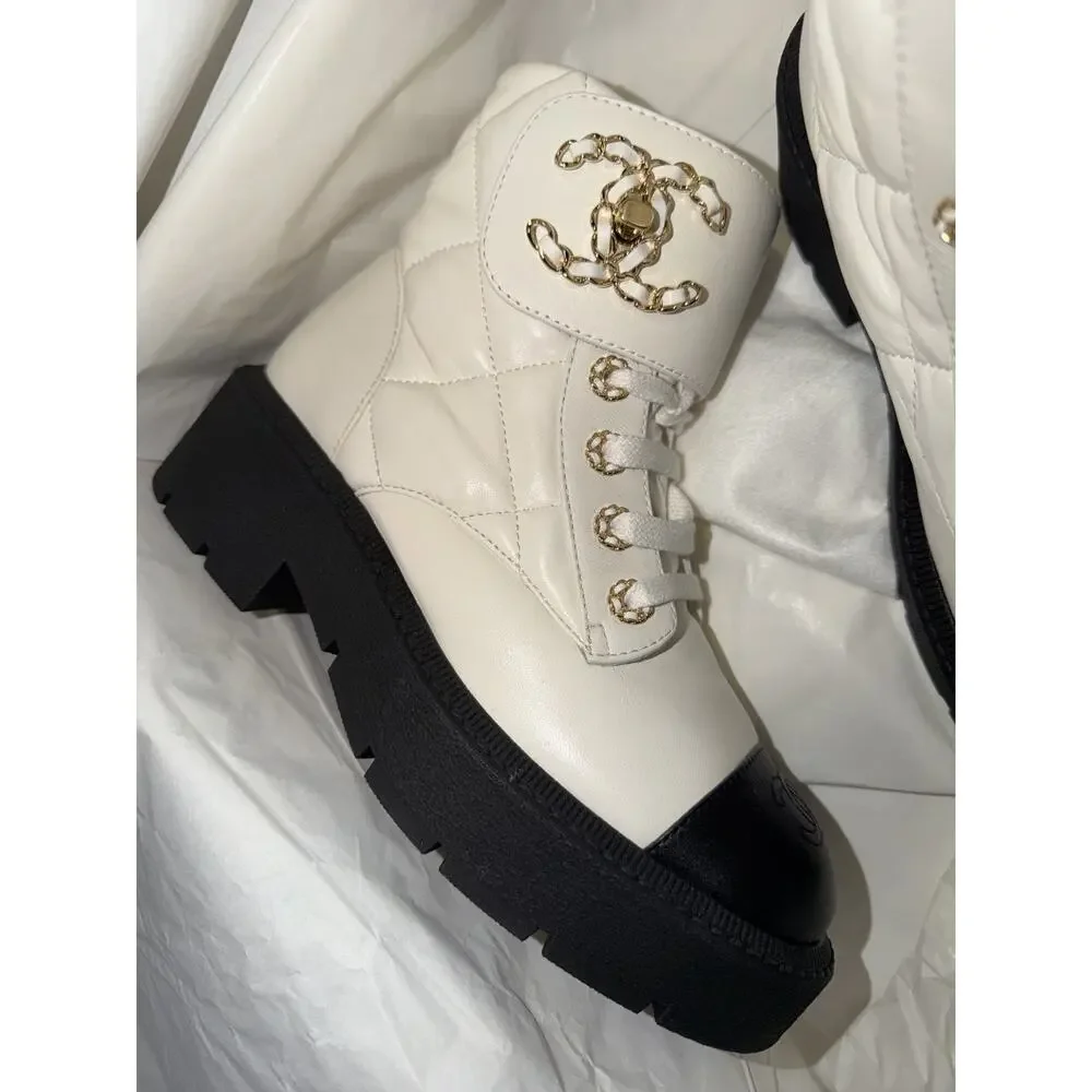 Chanel 24B White Quilt Gold CC Chain Combat Black Platform Ankle Short Boots 37c - Picture 4 of 16